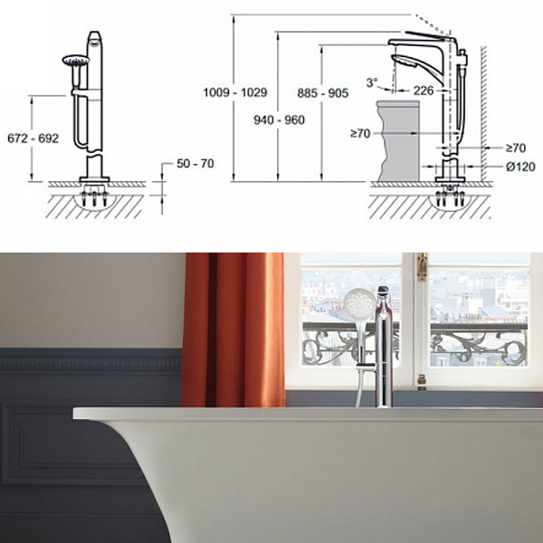 Смеситель напольный Avid Jacob Delafon E97367-CP+97904D-NF