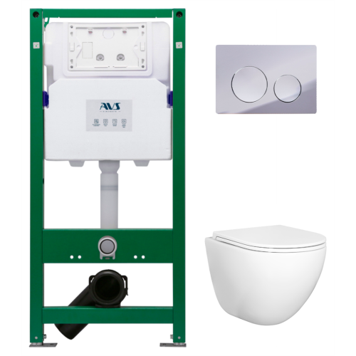 Комплект AVS 3в1: Инсталляция для унитаза 809-0006-7732C + Унитаз подвесной 801-0045-P-T2-GW + Клавиша смыва 809-0012-CR хром, круглые кнопки