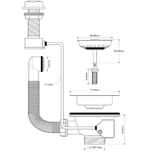 Слив-перелив McALPINE L235хD25, 113мм нержавеющие решетки 1 1/2"«папа»