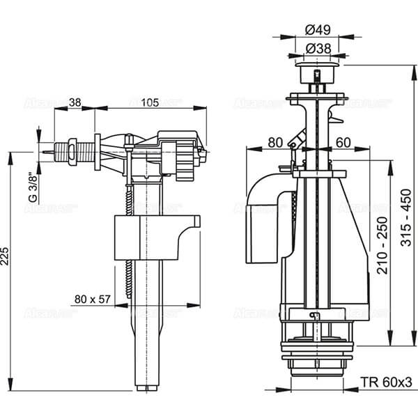 Арматура для унитаза 3/8 двойной смыв Alcaplast SA08