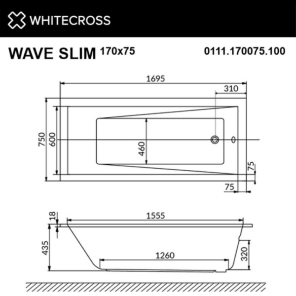 Акриловая ванна Whitecross Wave Slim 170х75 белая, без каркаса