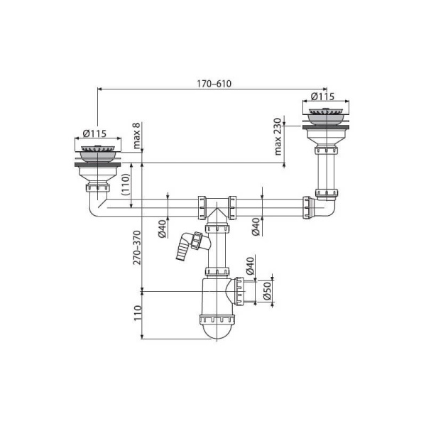 A454P Сифон для сдвоенной мойки Ø115 со штуцером Alcaplast